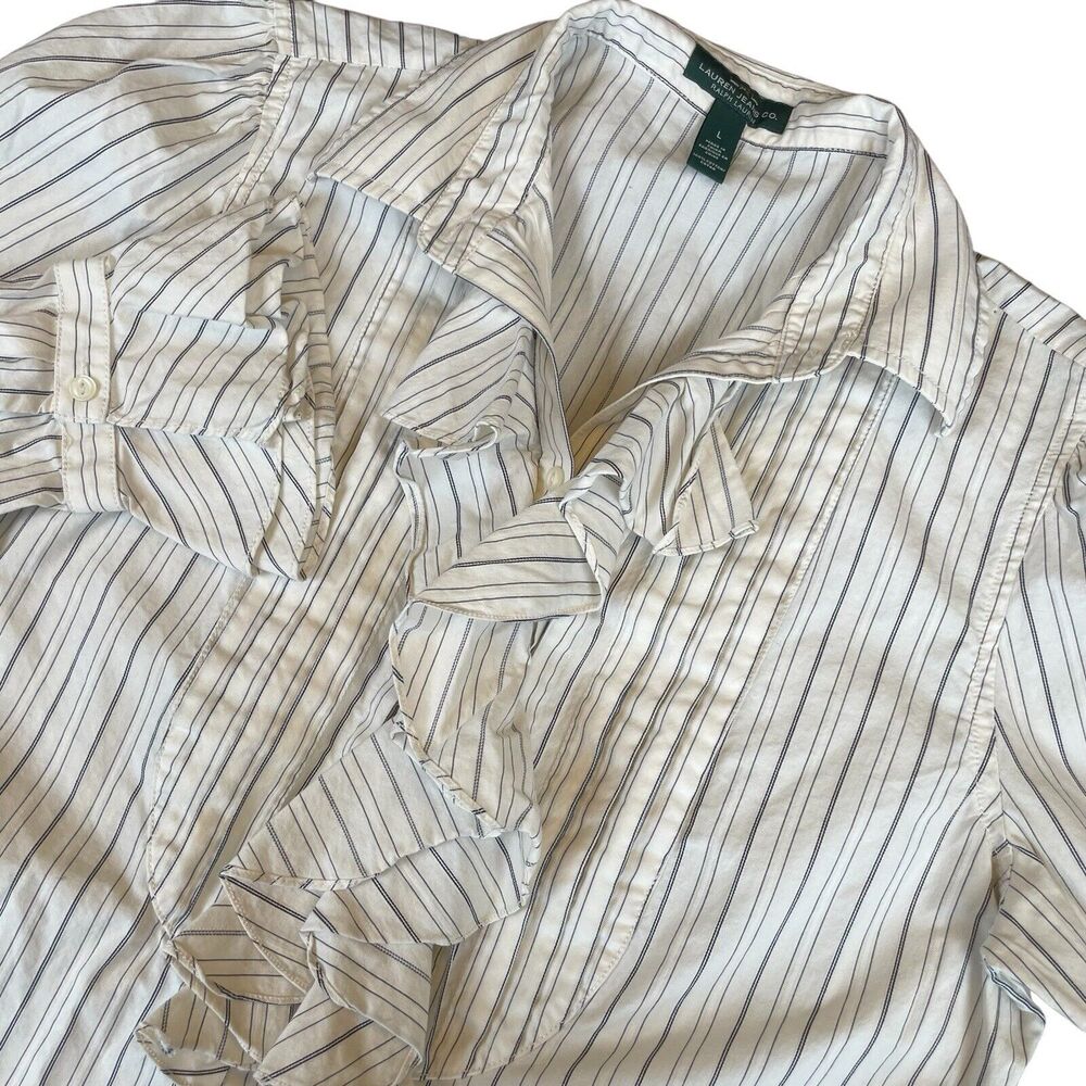 Lauren Jeans Co Ralph Lauren Sz L Women's Striped Button Up Blouse Shirt Ruffle
